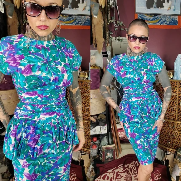 Vintage All That Jazz 1980s Floral Dress Womens XS Ruched Waist Peplum 80s 90s - Picture 2 of 6